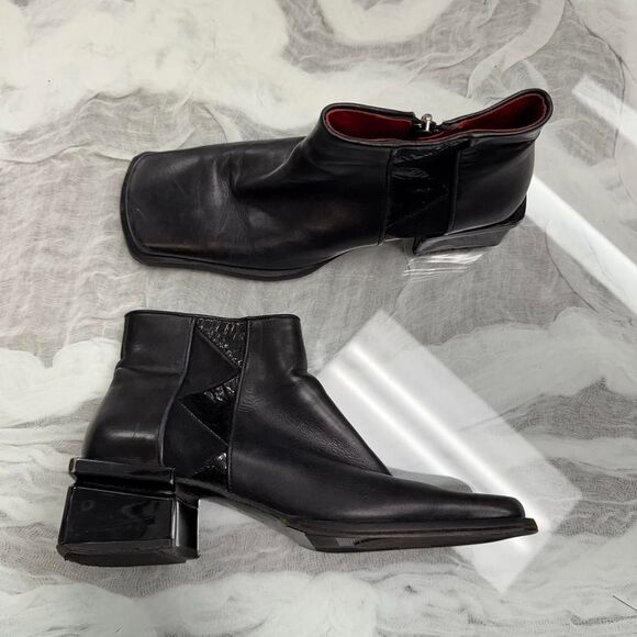 Black Leather Block Heel Boots - Picture 2 of 4